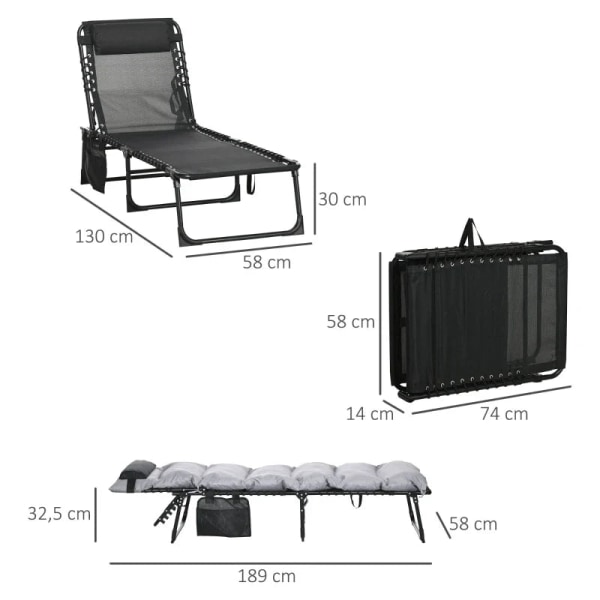 Rootz kokoontaitettava lepotuoli - 5-vaiheinen kallistettava selkänoja - Tyyny - Jopa 120 kg - Teräs - Vaaleanharmaa - 58 x 189 x 32,5 cm