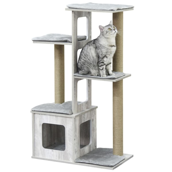 Rootz Cat Tree Kradsestolpe - Grå - Konstrueret træ, jute, plys - 26,38 cm x 15,16 cm x 44,88 cm