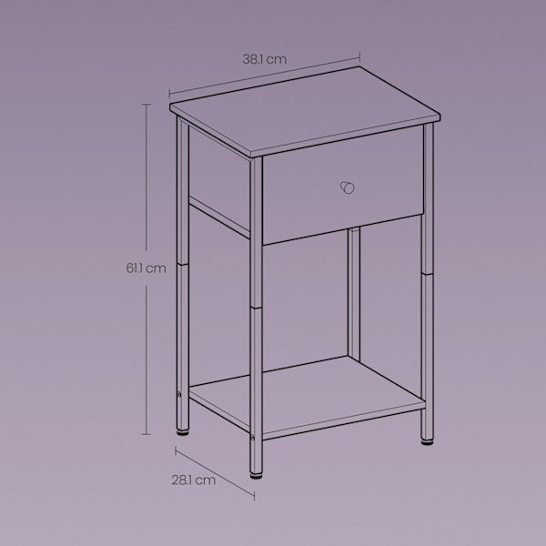 Rootz Bedside Table - Side Bord - Natbord - Med hylde og stofskuffe - Rumbesparende design - 28,1 cm x 38,1 cm x 61,1 cm