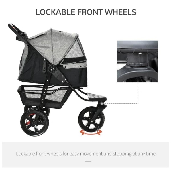 Rootz Dog Buggy - Cat Buggy - Hundevogn - Kæledyrsklapvogn med 3 hjul - Foldbar - Justerbar baldakin - Oxford - Grå/Sort - 109,5 x 57,5 x 106,5 cm