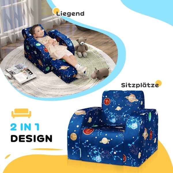 Rootz Kids Foldbar Lænestol - Børnesofa - Hyggelig seng - Multifunktionel - Planetmønster - Let at rengøre - Blå - Skum/Polyester - 46,5 cm x 93 cm x