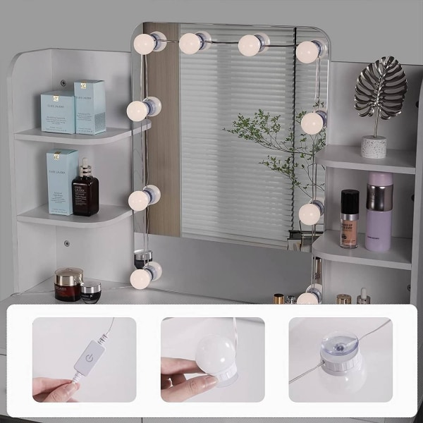 Rootz Toiletbord med spejl - Sminkebord - Makeup skrivebord - Rigelig opbevaring - Justerbar LED-belysning - Holdbar konstruktion - 45 cm x 136 cm x 9