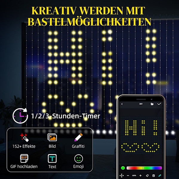 Rootz -gardin med 400 LED -lys - strenglamper - Dynamisk belysning - Musiksynkronisering - Wi -Fi -kontrol - 300 cm x 300 cm