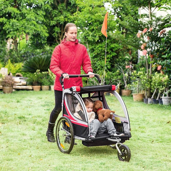 Rootz Cykelvagn för barn - 2 i 1 barnvagn - Cykelsläp för barn - 2-sits transporthållare - Med dragkoppling - Röd/Svart - 142 x 75 x 101 cm