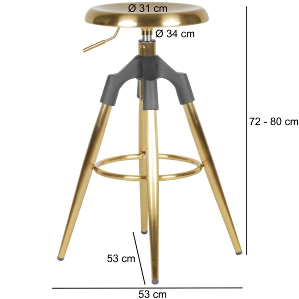 Rootz barstol guld metal 72-80 cm - Design barstol 100 kg maksimal bæreevne Bordskammel Industriel - Bordstol uden ryglæn