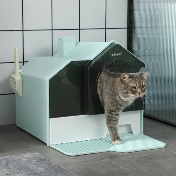 Rootz Cat kattlåda - Hut Design - 1 sil - 1 ströskopa - Avtagbar bottenlåda - Plast - ABS - Grön - Vit - 47L x 45W x 42H cm