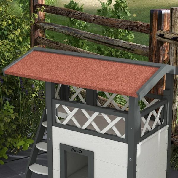 Rootz Cat House - Pet Kennel - Asfalttikatto - 2 tasoa 1 Tikkaat - Kuusi - Valkoinen + Punainen - L77 x L50 x K73 cm