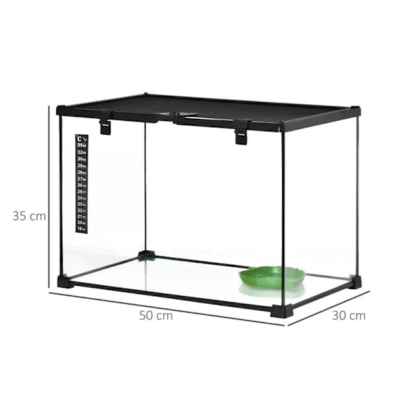 Rootz Terrarium - Terrarium för reptiler - Reptilmatningslåda - Glasterrarium - Spindeldjur med termometer Reptiluppfödningslåda - Metall - Svart - 50