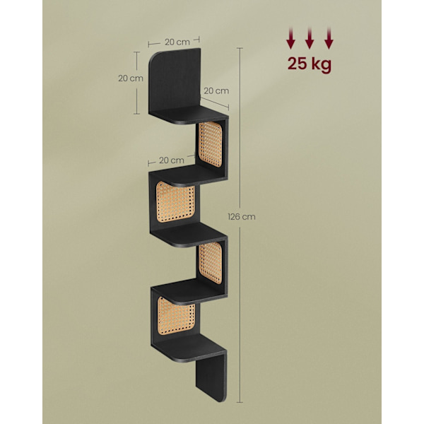 Rootz-kulmahylly - Kelluva hylly - Seinähylly - Lastulevy, PVC-muovi - 20cm x 20cm x 126cm - Tuhkamusta - Kevyt - 3,2kg
