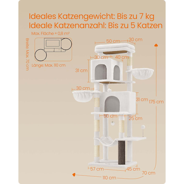 Rootz Scratching Tree - Cat Tower - Cat Climbing Post - 2 huler & dyser - 175 cm høj, hvid, træspanel, sisal - 57x45x175cm