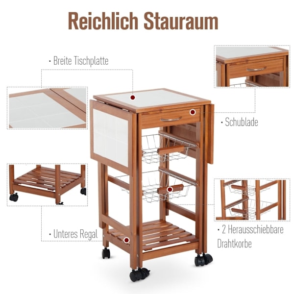 Rootz Serveringsvagn - Rullande köksvagn - Mobil förvaringsenhet - Vikbar arbetsyta - Lättskött keramikskiva - 91cm x 37cm x 75cm