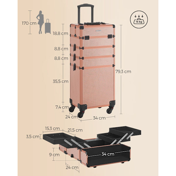 Rootz Champagne Gold -kosmetiikkakotelo - Meikinjärjestäjä - Kauneussäilytys - Alumiinikehys - MDF - ABS-muovi - 34cm x 24cm x 79,3cm - 7kg - 15kg Kap