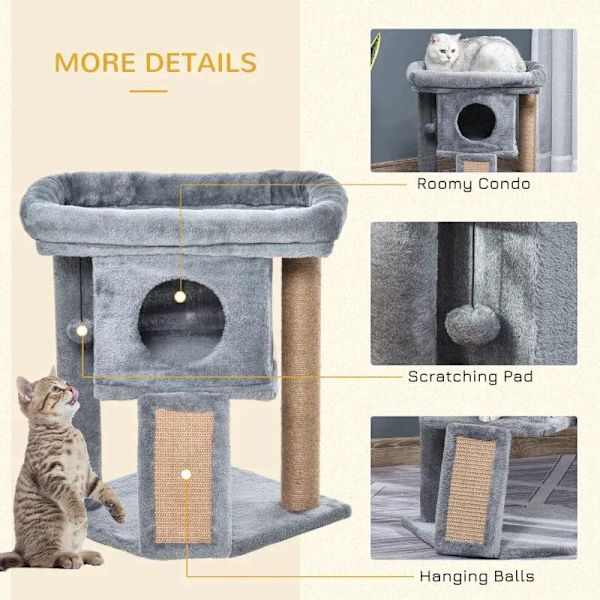 Rootz Cat Tree - Kissapuu juutilla raaputusmatolla - Riippuva pallo - Raaputustaulu - Kissakalusteet ovireiällä - Lemmikkien kalusteet - Vaaleanharmaa