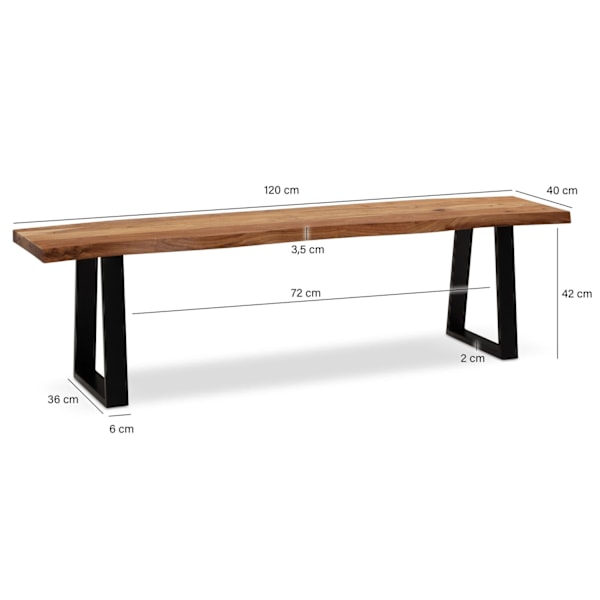 Rootz Matsalsbänk i massivt akaciaträ - Modern design - Live Edge-sits - Trapetsformade metallben - Handgjorda - 120 cm x 40 cm x 45,5 cm