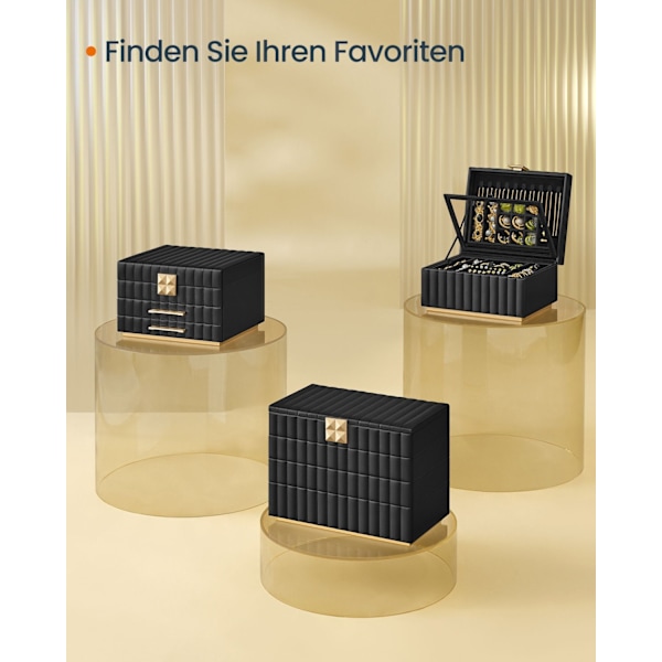 Rootz smyckeskrin med spegel - Förvaringslåda - Organizer - Bläcksvart - 17cm x 28cm x 20,5cm - PU syntetiskt läder - MDF - Sammet - Metall - Glas