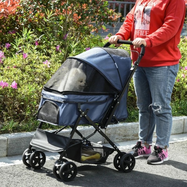 Rootz Folding Dog Buggy - Kæledyrsvogn - 1 kurv - 2 bremser - Inklusiv sikkerhedssnor - Oxford stof - Blå - 76,5L x 52W x 95H cm