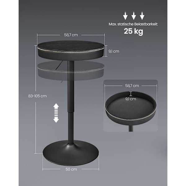 Rootz-baaripöytä - Pubipöytä - Bistropöytä - Teräsrunko - PU-nahkainen toppi - 58,7 cm x 58,7 cm x (83-105) cm - Ebony Black-Ink Black