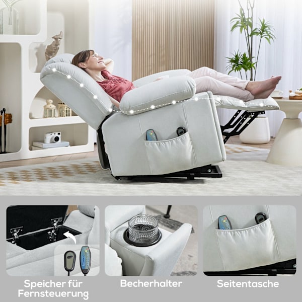 Rootz Electric Riser Stol - hvilestol - massagestol - fløjlsstof for optimal komfort - 101W x 93d x 104H cm