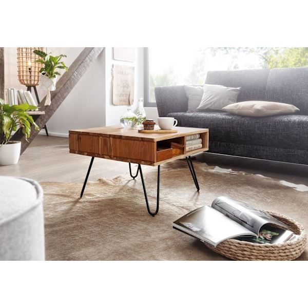 Rootz sofabord 60x40x60 cm akacie massivt træ - metal design sofabord kantet - Træbord med opbevaringsplads - Sofabord træ firkantet brun