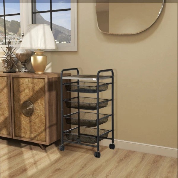 Rootz Serveringsvogn - 4 rum - 1 bordplade - 4 hjul med 2 bremser - Stålramme - Sort - 41,5 x 31 x 66 cm