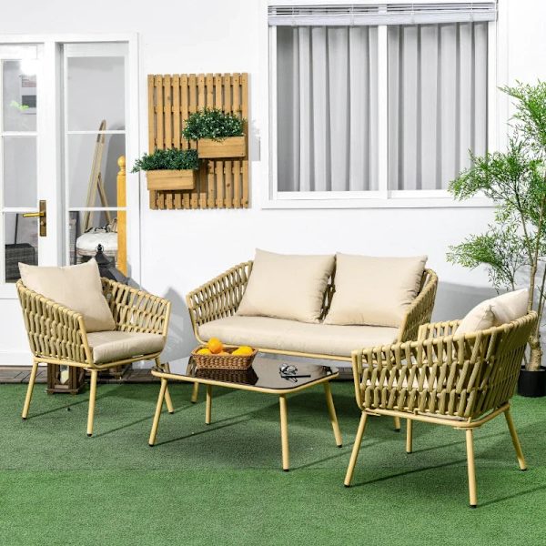 Rootz Havemøbelsæt - 4 dele - Dekorativt - Rattan Design - Glasplade - Bord - Sædepude - Vejrbestandig - Stål-Polyester - Khaki - 130L x 66W x 72H cm