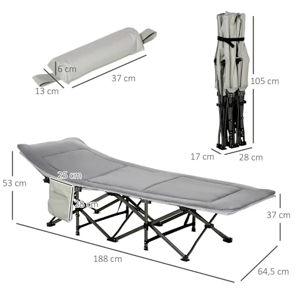 Rootz Campingseng - Foldelejrseng - Foldeseng med pude - Sidelomme - Madras - Gæsteseng - Kan holde op til 150 Kg - Oxford - Lysegrå - 188 x 64,5 x 53