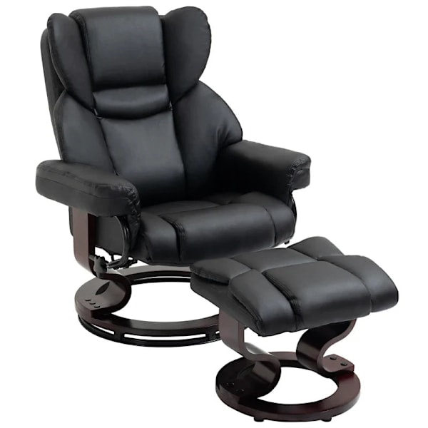 Rootz afslapningsstol med skammel - Liggende funktion - Roterbar - Op til 160 Kg - Kunstlæder - Metalstel - Sort - 80 x 79 x 100 cm