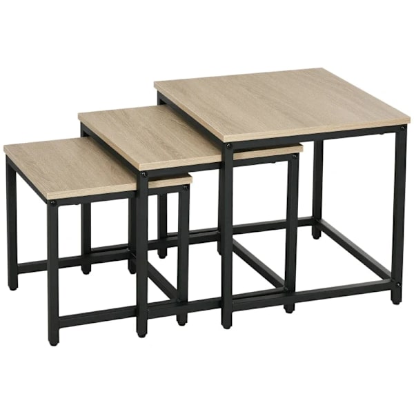 Rootz Nesting Bord - Sæt med 3 sideborde - Industrielt design - Sort stålstel - Bordplade i trælook - Spånplade - Naturligt træ - 45L x 45W x 44H cm