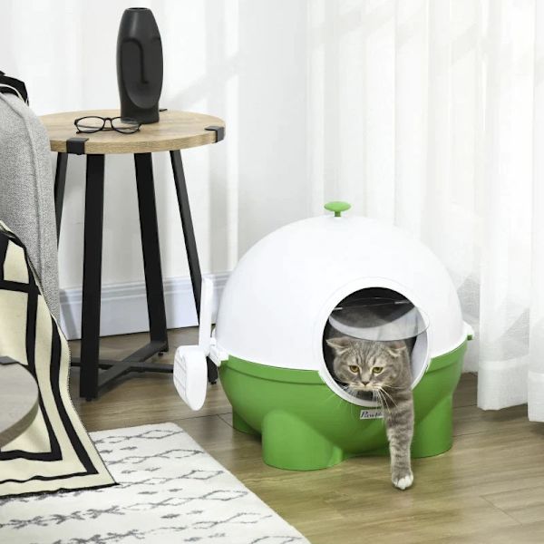 Rootz kattsandlåda - Sil - Skopa - Katter upp till 4 kg - Lätt att rengöra - Söt design - Plast - Grön + Vit - 53L x 51W x 48H cm