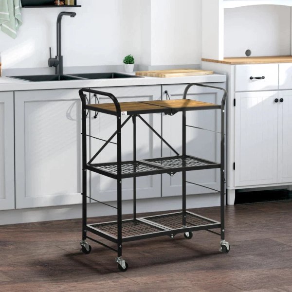 Rootz Industrial Design Køkkenvogn - 3 hylder - Multifunktionsvogn - Serveringsvogn - 4 Hjul - Foldning - MDF - Brun + Sort - 68L x 35W x 85H cm