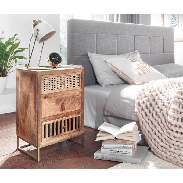 Rootz-yöpöytä mango massiivipuuta - metalli 40x60x30 cm yöpöytä joustinsänky - Design-yöpöytä 3 laatikolla - Yöpöytä säilytystilalla