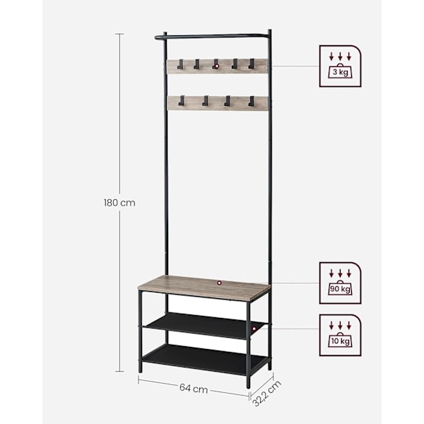 Rootz knagerække med anti-tip - garderobeskabe - Fritstående knageholder - spånplade stål polyester - Greige sort - 32,2 cm x 64 cm x 180 cm - Heavy D