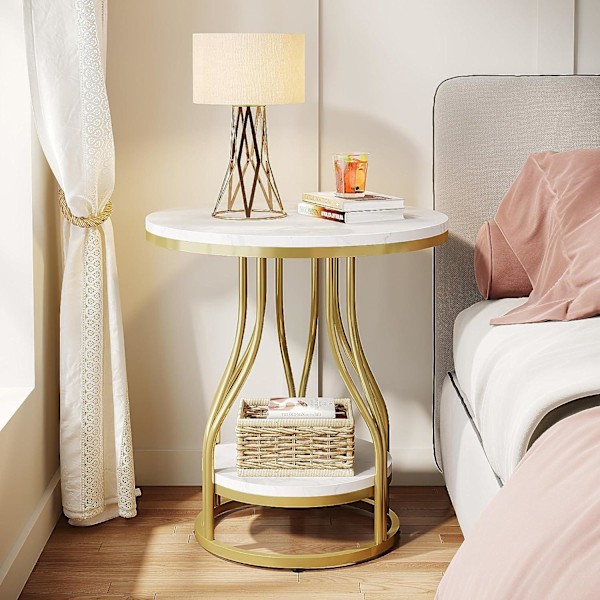 Rootz hvidguld 2-lags rundt sidebord - endebord - natbord - moderne design - 50 cm D x 50 cm B x 59 cm H