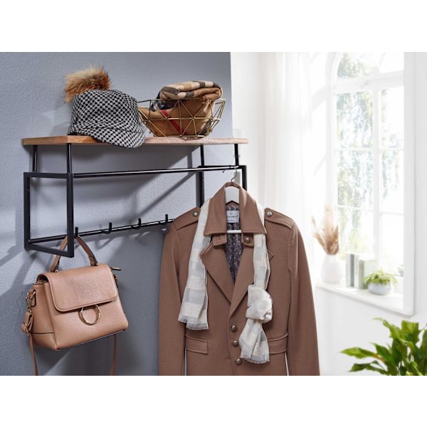 Rootz design seinävaatekaappi mango massiivipuu metalli 71x29x20 cm - Koukkutanko hyllyllä ja vaatetanko - Eteisen vaatekaappi vaatekaappi seinäpuuta
