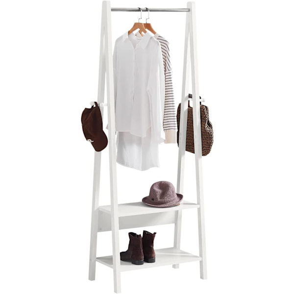 Rootz White Modern Tøjstativstativ med to opbevaringshylder - Træktøjstativ hængestang - B66 x D39 x H180cm