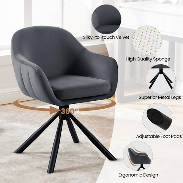 Rootz drejelig spisestuestol - Fløjlslænestol - Rullefri mekanisme - Robuste metalben - Ergonomisk design - 57cm x 79cm x 62cm