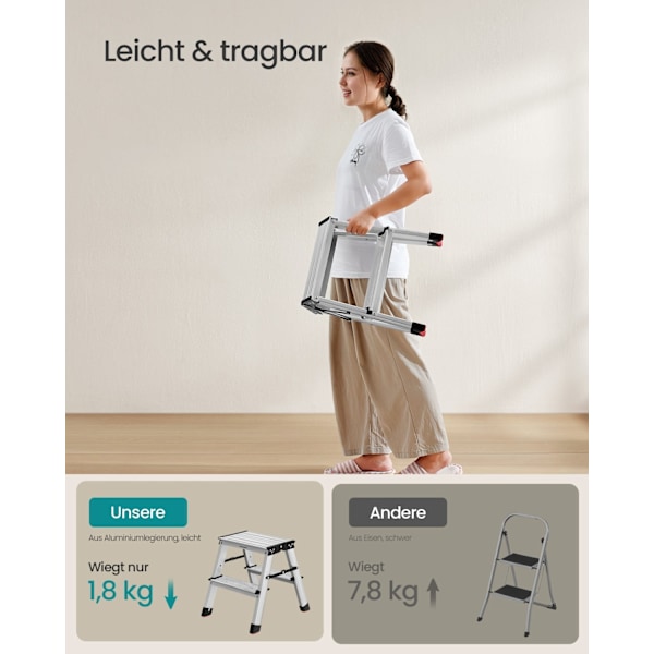 Rootz 2-trins stige - Trintaburet af aluminiumslegering - Trin-foldbar skammel - Skridsikre trin - 45 cm x 35,5 cm x 38 cm