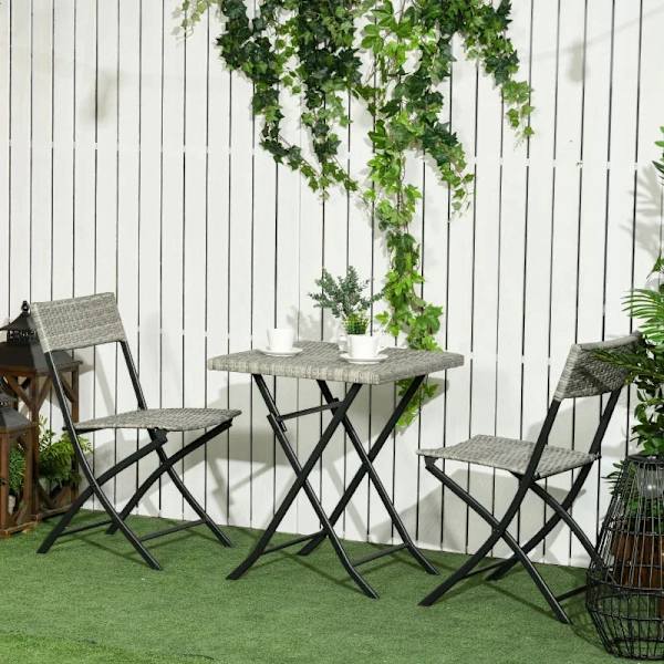 Rod 3 stk. Havesiddegruppe - 2 klapstole - 1 klapbord - Rattanlook - Metalstel - Lysegrå - 60L x 60W x 72H cm
