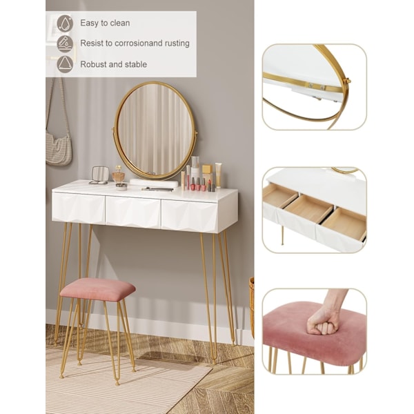 Rootz Elegant sminkebordssæt - Sminkebord - Makeup skrivebord - Stabilt og holdbart - Effektiv opbevaring - Luksuriøs komfort - 100 cm x 79 cm x 40 cm