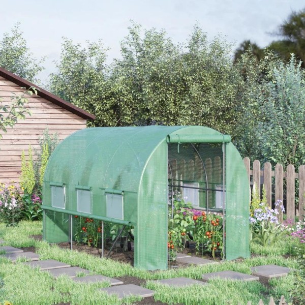 Rootz Greenhouse - Folieväxthus - Tunnel Walk-in Växthus - Planthus - Folietält - 6 fönster - UV-skydd - Grön - 2,95 x 2 x 2 m