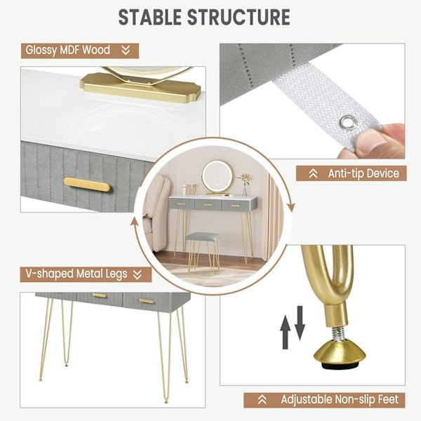 Rootz Sminkbord med spegel - Sminkbord - Sminkbord - LED-belysning - E1 MDF - 100 cm x 121,5 cm x 40 cm