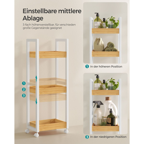 Rootz förvaringsvagn - Vit-naturliga färger - MDF-bambu - Lätt - Rymlig - Enkel montering - 20 cm x 30 cm x 80 cm