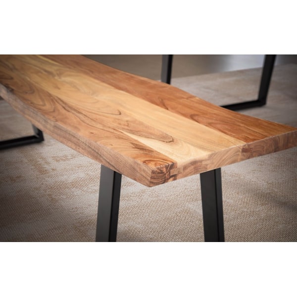 Rootz Matsalsbänk i massivt akaciaträ - Modern design - Live Edge-sits - Trapetsformade metallben - Handgjorda - 120 cm x 40 cm x 45,5 cm