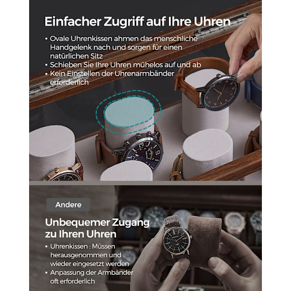 Rootz Coffee Brown Urkasse - Smykkeorganisering - Opbevaringsetui - Massivt træ - Akryl - MDF - Stor kapacitet - Elegant design - Beskytter ure - 18 c
