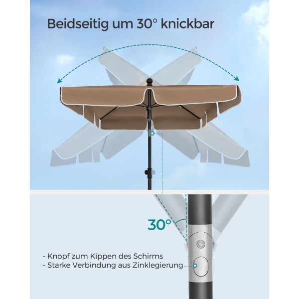 Rootz Outdoor Patio Sateenvarjo - Aurinkosuoja - Aurinkosuoja - Teräsrunko - Polyesterikangas - 200 cm x 125 cm - Säädettävä korkeus - Kevyt - Pähkinä