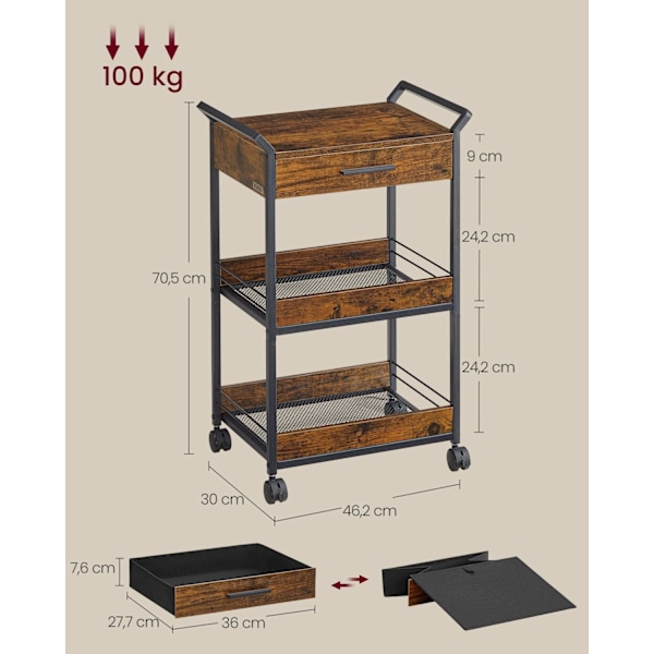 Rootz 3 -Tier Kitchen Cart - Rolling tarjoilukärry - Baarikuva - Vintage -tyyli - 30 cm x 46,2 cm x 70,5 cm