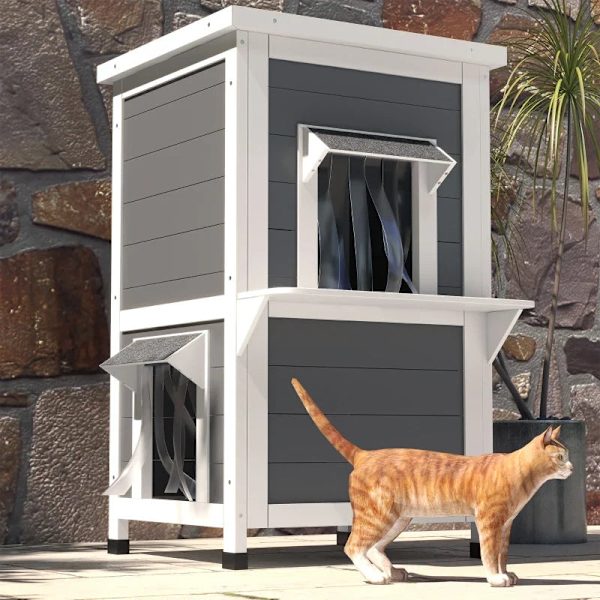 Rootz Cat House - To niveauer - Udendørs - Vejrbestandigt - Grantræ - Hvid + Grå - 60 cm x 60 cm x 81,5 cm