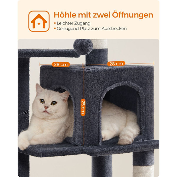 Rootz Cat Scratching Post - Kitty Tower - Cat Tree - Chipboard Plysch - Sisal - 45cm x 35cm x 112cm - Smoke Grey - Idealisk för 4 katter - 40 kg Kapac