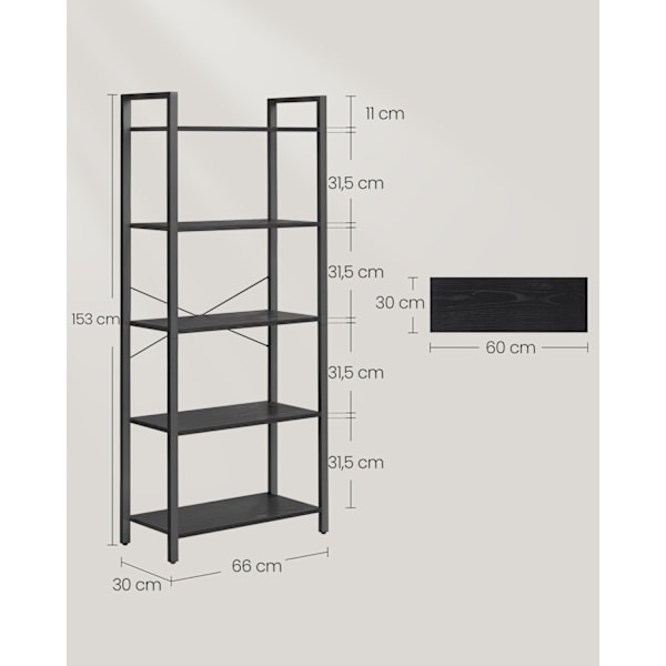 Rootzin kirjahyllyteline - Suuri näyttöteline - Säilytysyksikkö - Lastulevy ja teräs - 30 cm x 66 cm x 153 cm - Ebony Black - 13,2 kg - 50 kg Kapasite