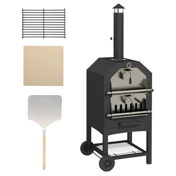 Rootz 2-i-1 Udendørs Pizzaovn - Med Pizzasten - Askrum - 2x Grillrist - Termometer - Rustfast - Sort - 66L x 45W x 158H cm